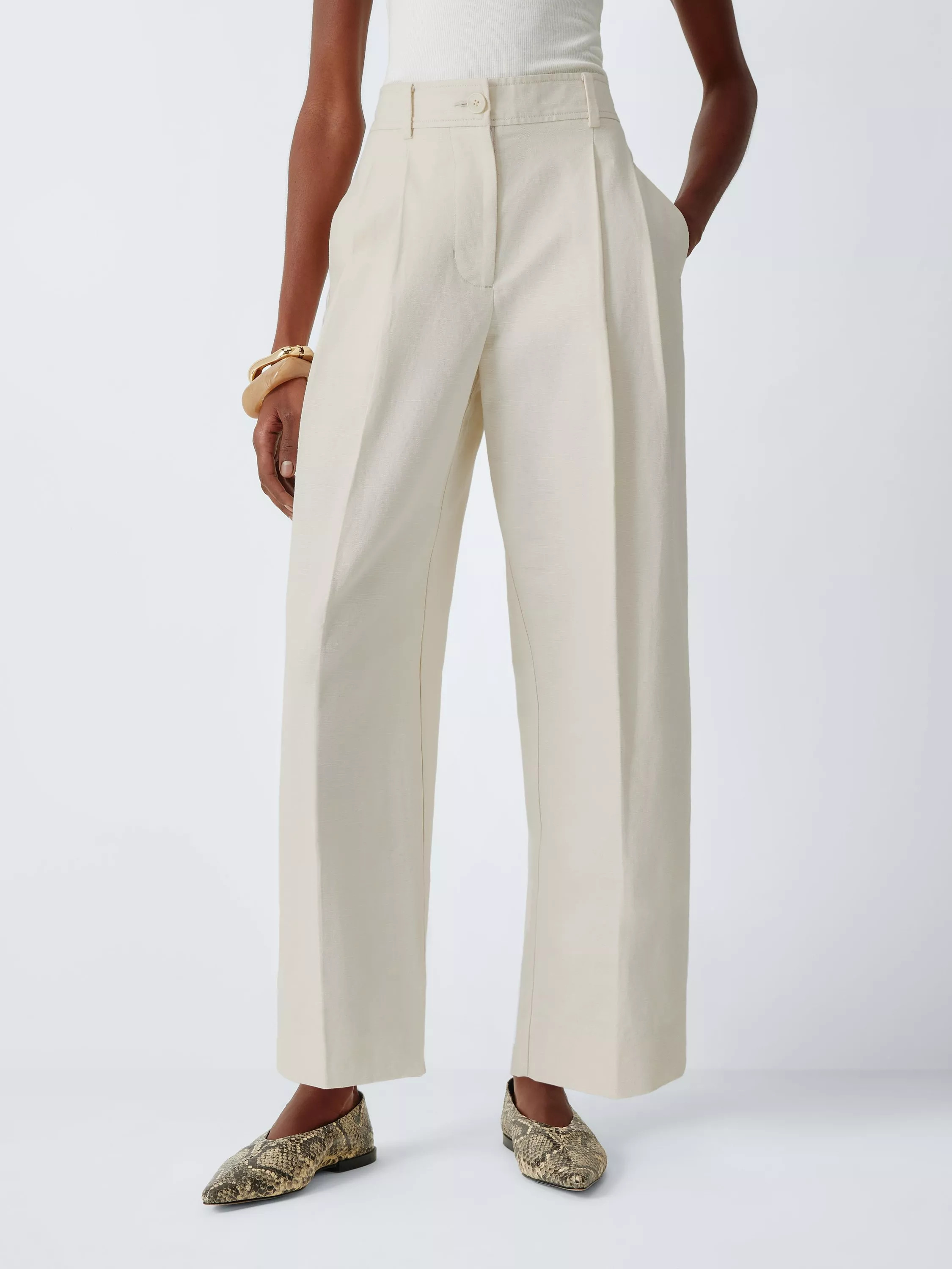 Linen Blend Barrel Leg Trousers, White, 10 | John Lewis (UK)