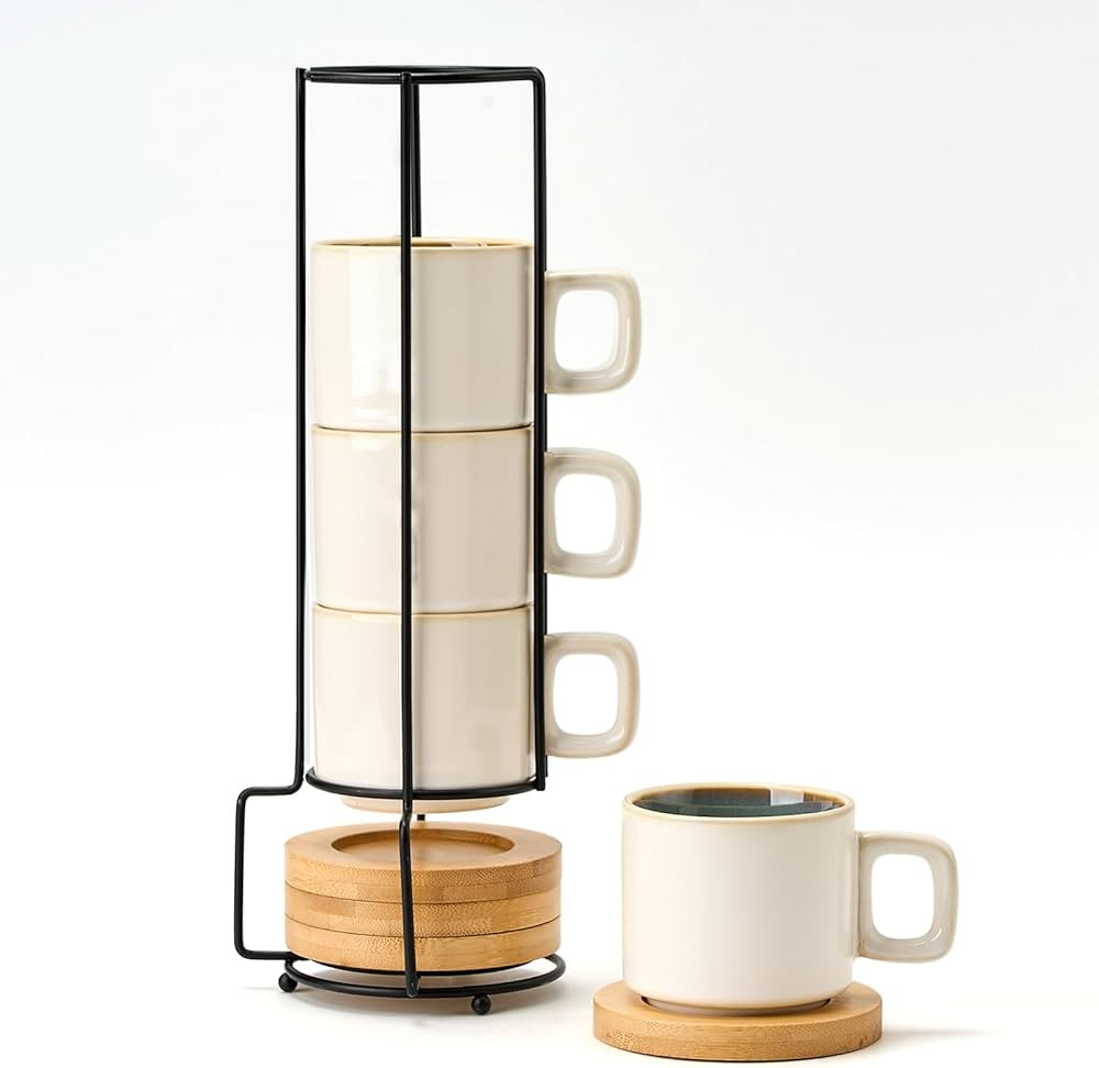 LUKA Porcelain Stackable Espresso Cups with Saucers and Metal Stand, 4 Ounce Small Ceramic Demita... | Amazon (US)