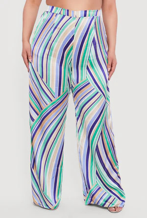 Plus Size Satin Striped High Waisted Wide Leg Pants | Rainbow Shops