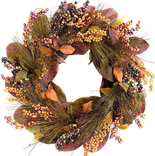 TEMPUS 18 inch Fall Wreath Magnolia Leaves with Pine Needle Yellow Berry Wreath for Front Door Ha... | Amazon (US)