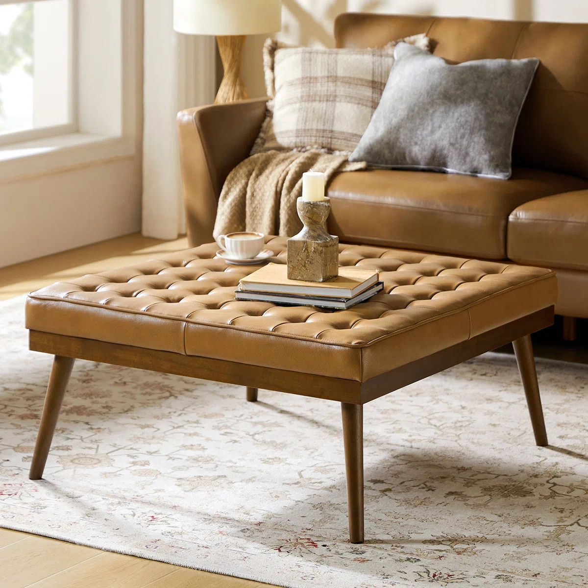 Anahli Modern 36.25"W Genuine Leather Ottoman With Solid Wood Legs | Wayfair North America