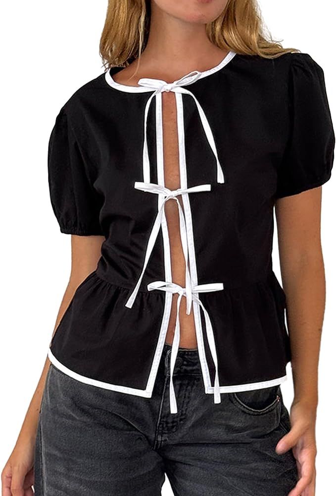 Alyweatry Women Y2k Lace Up Peplum Blouse Puff Sleeve Tie Front Ruffle Hem Cute Summer Babydoll S... | Amazon (US)