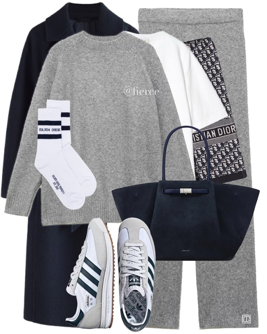 Grey knitted set navy suede tote bag navy belted coat Dior wool scarf adidas dl72 casual weekend outfit travel 

#LTKeurope #LTKuk #LTKwinter