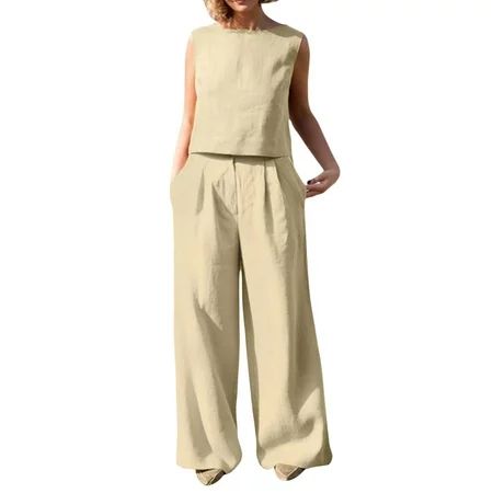 Women s 2 Piece Linen Pants Sets Casual Summer Outfits Sleeveless Round Neck Tank Tops and Wide Leg  | Walmart (US)