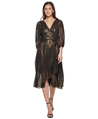 Metallic Chiffon Faux-Wrap Dress | Macys (US)