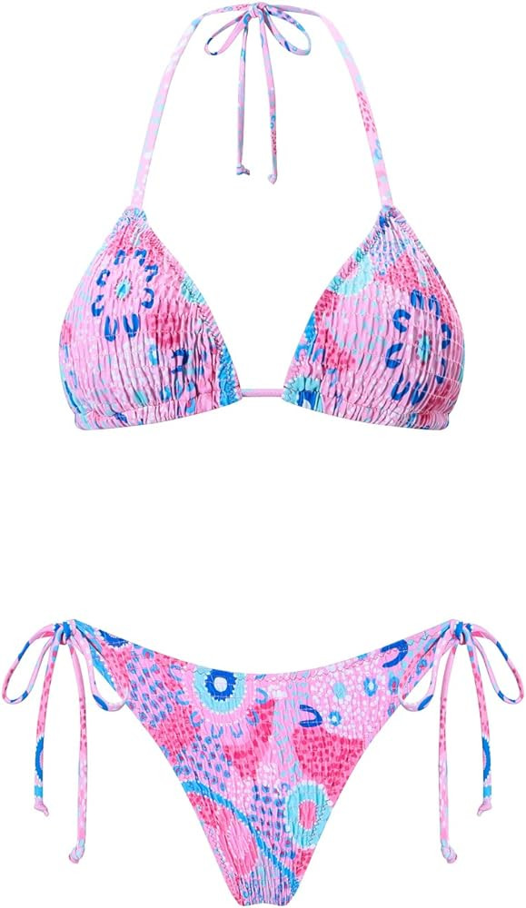 VOLAFA Women's Triangle Bikini Set String Swimsuit Print Tie Smocked Ruched Two Piece Bathing Sui... | Amazon (US)