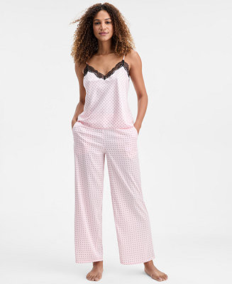 Women's Stretch Satin Lace-Trim Top & Pajama Pants Set | Macy's