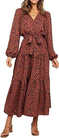 PRETTYGARDEN Women's Boho Long Sleeve V Neck Leopard Print Ruffle Tiered Maxi Dress Tie Waist Chi... | Amazon (US)