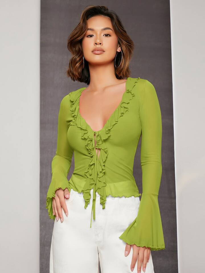 SHEIN BAE Top à nœud à volants manches cloche | Mode en ligne | SHEIN FRANCE | SHEIN