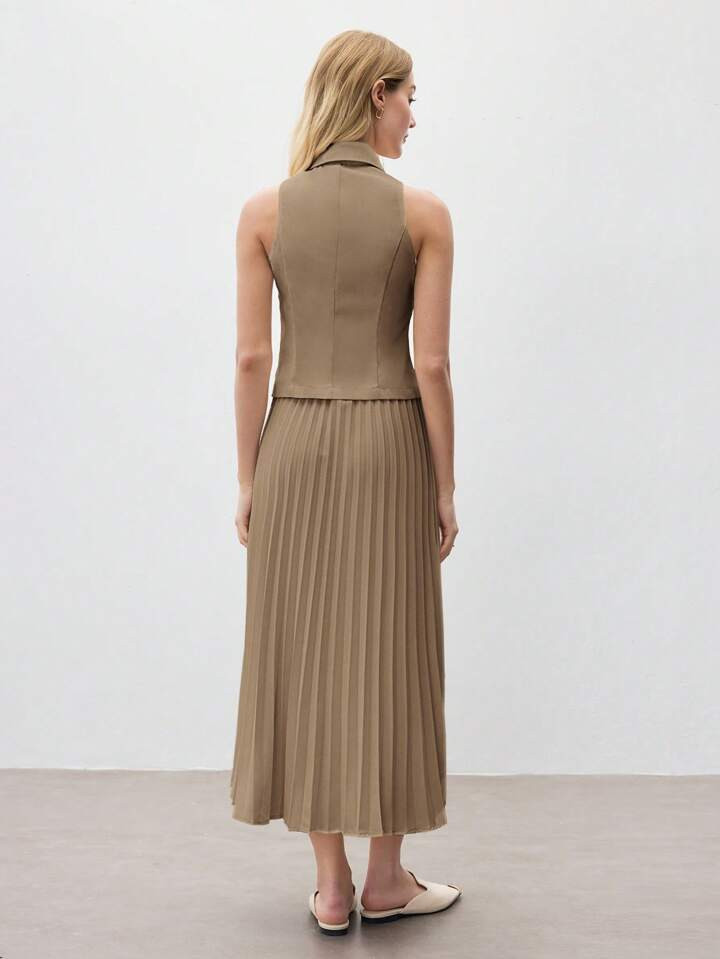 SHEIN BIZwear Summer Women Apricot Color Solid Color Sleeveless Lapel Vest & Skirt Suit | SHEIN