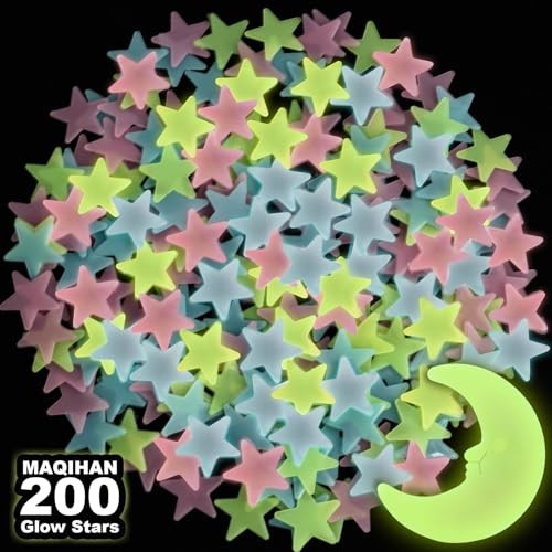 MAQIHAN 200 Glow in The Dark Stars for Ceiling - Glowing Stars and Moon Stickers Estrellas que brillan en la oscuridad para el techo de cuarto Plastic Space Galaxy Decals Bedroom Wall Decorations | Amazon (US)
