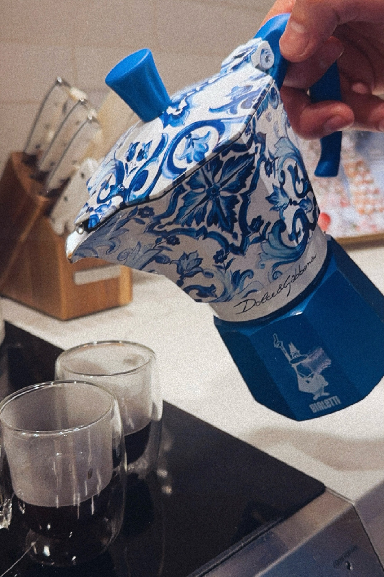 Bialetti Moka dolce and gabbana espresso maker. Mine is the 6 cups. 

Double wall glass Espresso mugs | Williams Sonoma | stove top | blue | coffee | at home espresso shot 

#LTKHome #LTKGiftGuide