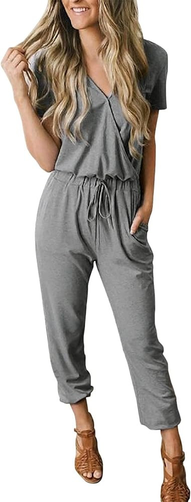 PRETTYGARDEN Womens Deep V Neck Wrap Drawstring Waist Jumpsuit | Amazon (US)