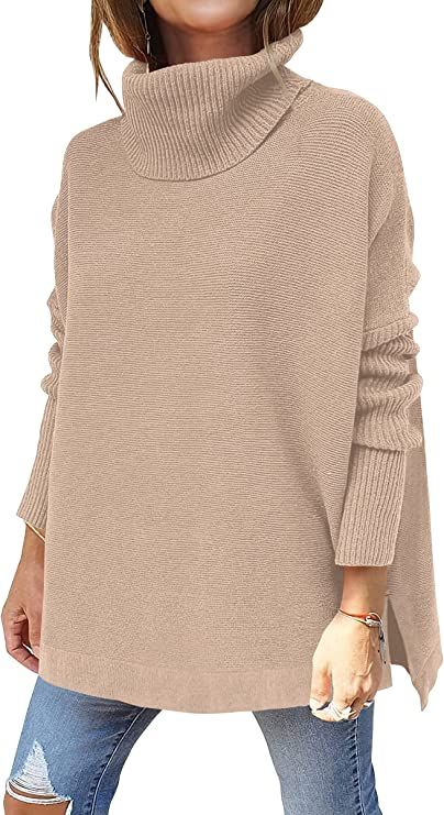 ANRABESS Women's Turtleneck Oversized 2022 Long Batwing Sleeve Spilt Hem Knit Tunic Pullover Swea... | Amazon (US)