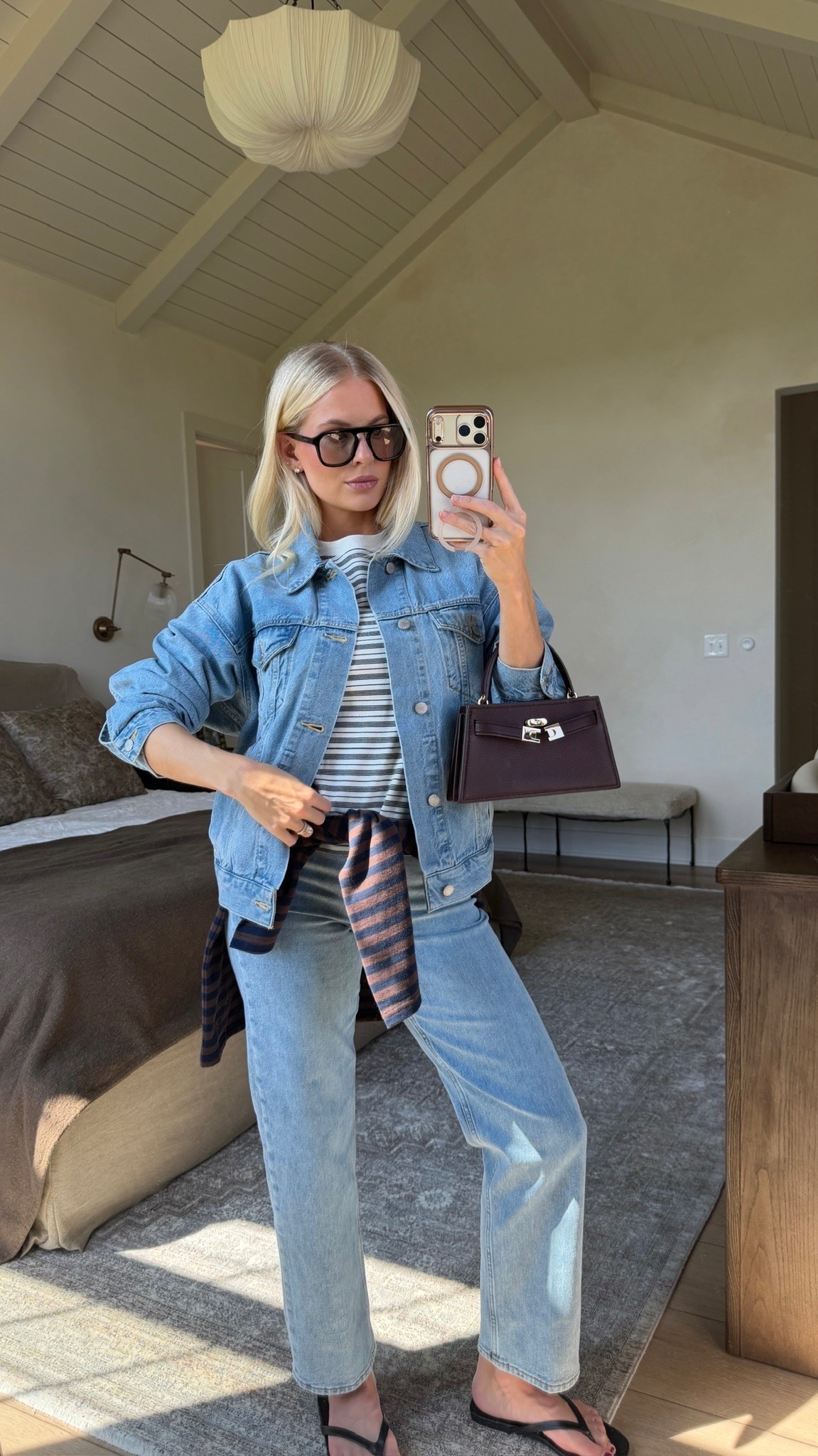 SIZE: med in tees & jacket, 28 in jeans (sized up for pp - 7Yrs Bleu Taboo, linked similar shoes & bags! #kathleenpost Fall transition outfit, fall outfit Inspo, denim on denim

#LTKootd