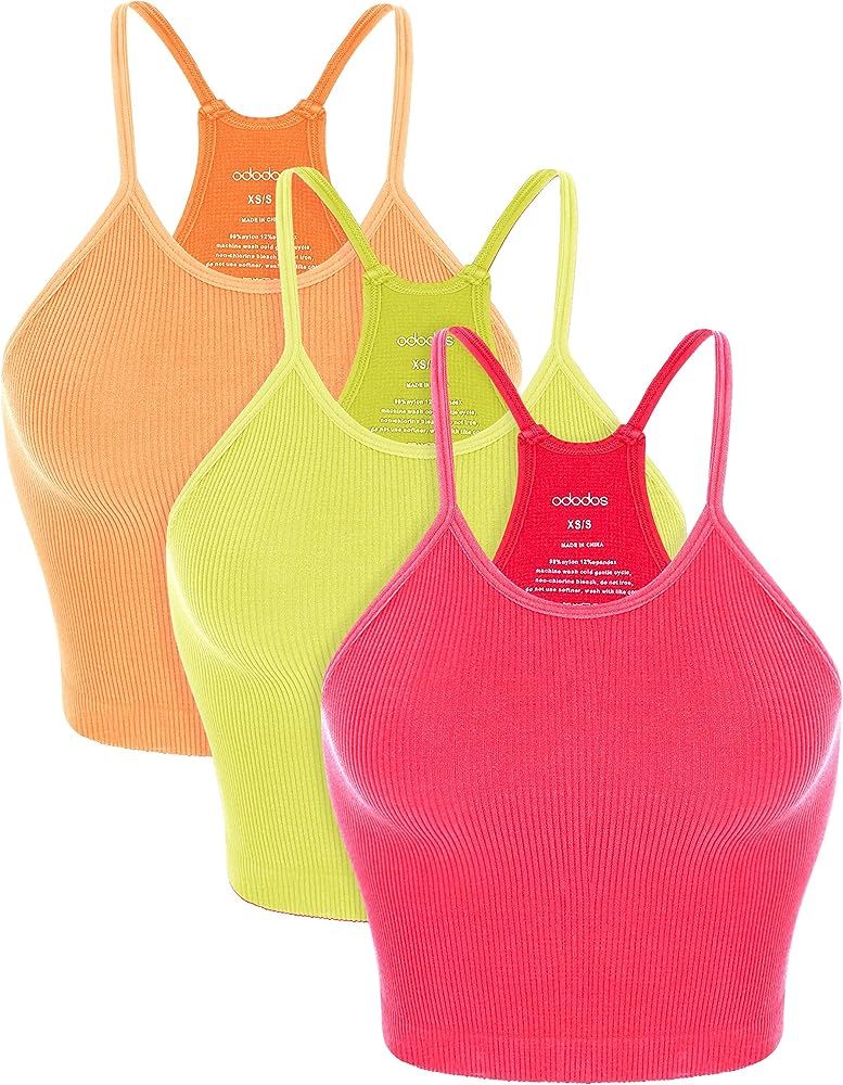 ODODOS Women's Crop 3-Pack Washed Seamless Rib-Knit Camisole Crop Tank Tops | Amazon (US)