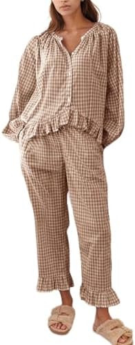 Flygo Womens Plaid Pajamas Sets 2 Piece Cotton Pj Set Puff Sleeve Ruffle Babydoll Shirt Gingham P... | Amazon (US)