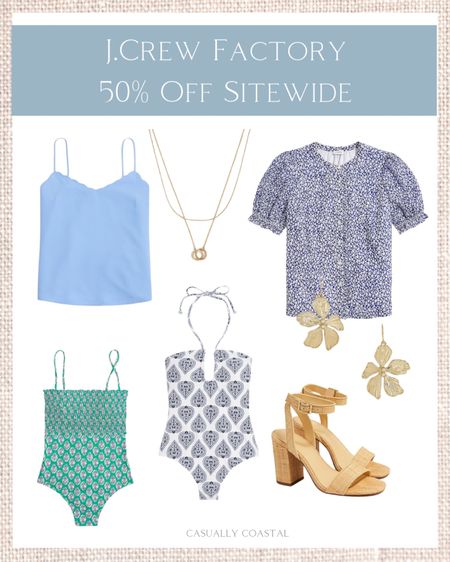 The "Think Spring" event is going on now, and J.Crew Factory is 50% off sitewide! I'll take it!
-
beach style, beach vacation outfits, swimwear, women's one piece swimsuits, swimsuits for moms, block print swimsuits, blouses for work, spring tops, puff sleeve tops, short sleeve blouses, spring blouses, peep toe block heels, layered necklace, pendant necklace, cami blouse, cami tops, scalloped tops, gold statement earrings, gold floral earrings

#LTKstyletip #LTKSale #LTKFind