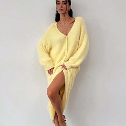 1 Set Women Oversized Drop Shoulder Long Sleeve Cardigan + Long A-Line Sweater Skirt, Light Yellow | SHEIN