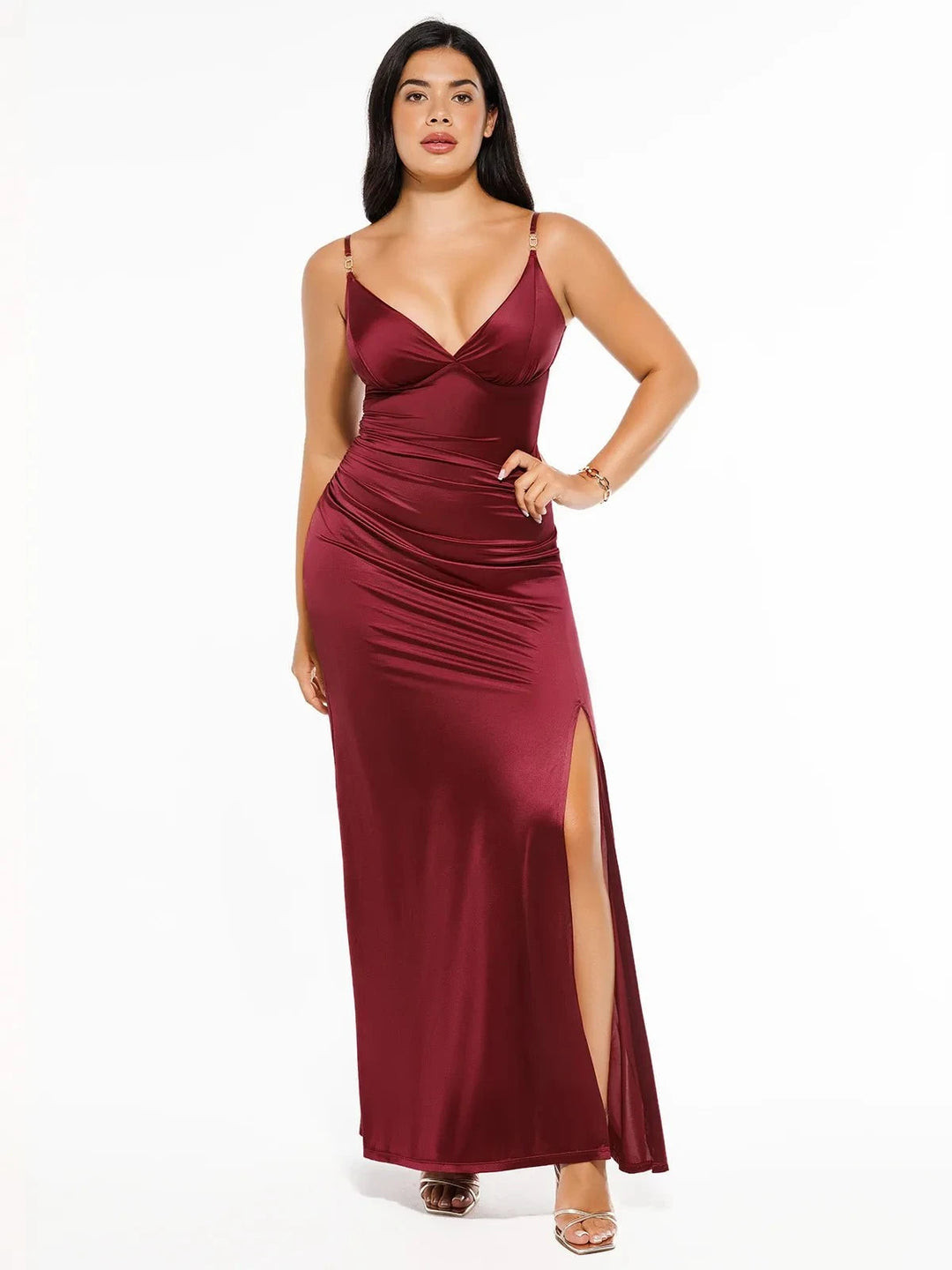 Shapewear Satin Deep-V Front Slit Maxi Dress | Popilush