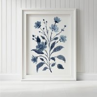 Blue Floral Botanical Art Print - Watercolor Flower Wall Art, Modern Poster, Navy Wildflower Artwork, Nature-Inspired Home Decor | Etsy (US)