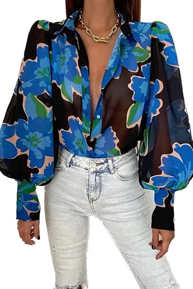 Blouses for Women Button Down Fashion Floral Print Lantern Long Sleeve Casual Tops | Amazon (US)