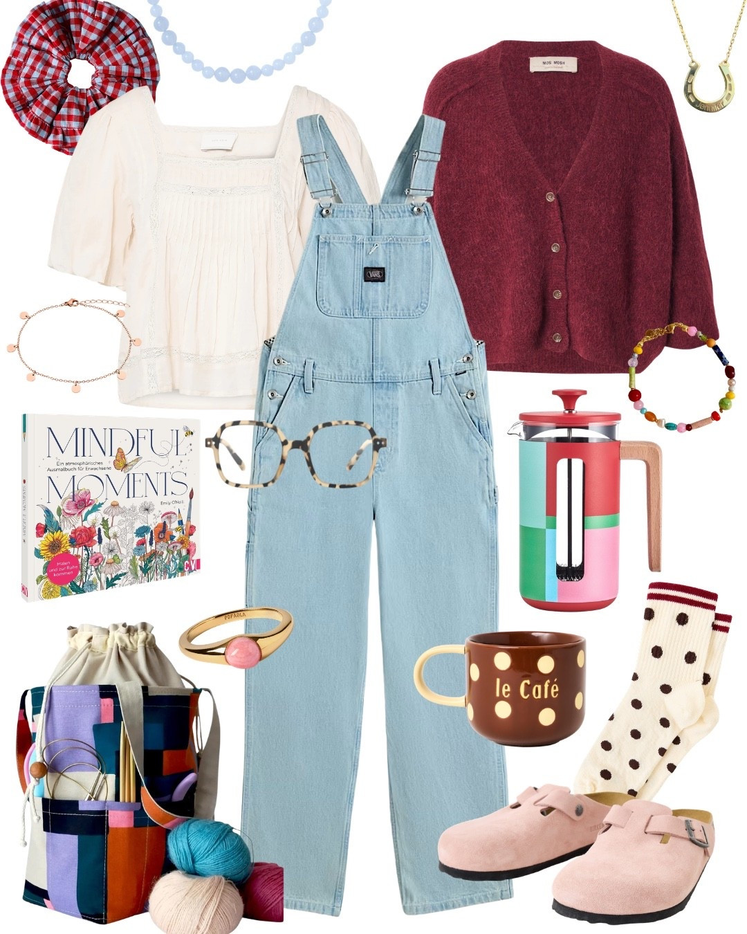 Cozy crafty day zuhause - in Latzhose, Bluse, Polka Dot Socks und Birkis, mit Kaffee und Strickzeug.

#LTKFashionMonth #LTKjeans #LTKautumn