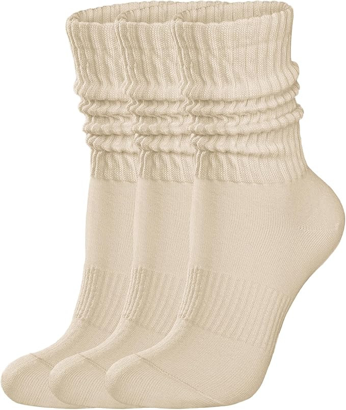 Womens Scrunch Crew Socks: Retro Solid Slouch Mid Calf Socks - Cotton Casual Athletic Socks 3 Pac... | Amazon (US)