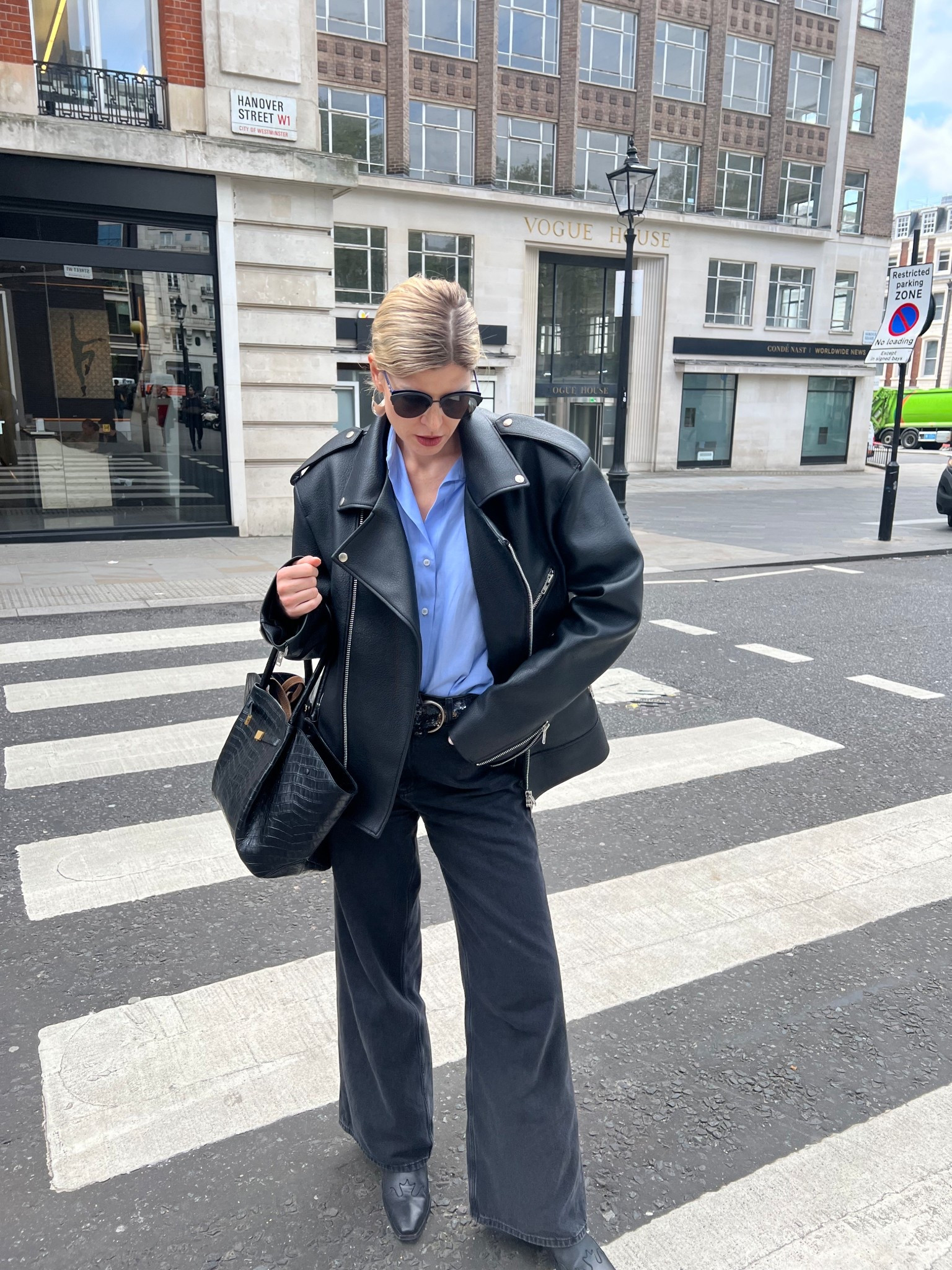 Spring outfit, oversized biker jacket, croc bag, demellier bag, blue shirt, spring outfit, cowboy boots 