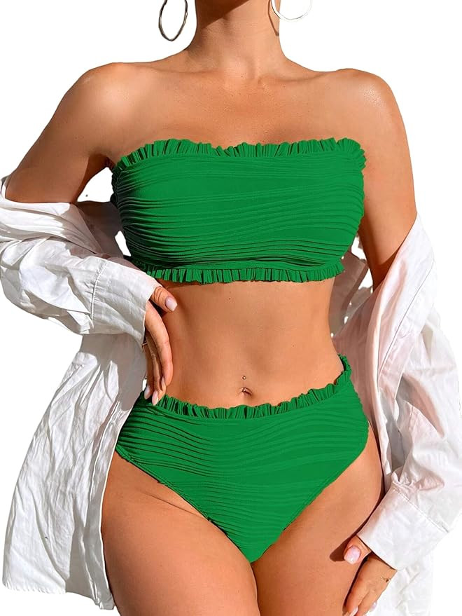 ZAFUL Women Strapless Bandeau Bikini Ruffle 2 Piece Swimwear Cheeky Solid Wave Lace up Bathing Su... | Amazon (US)