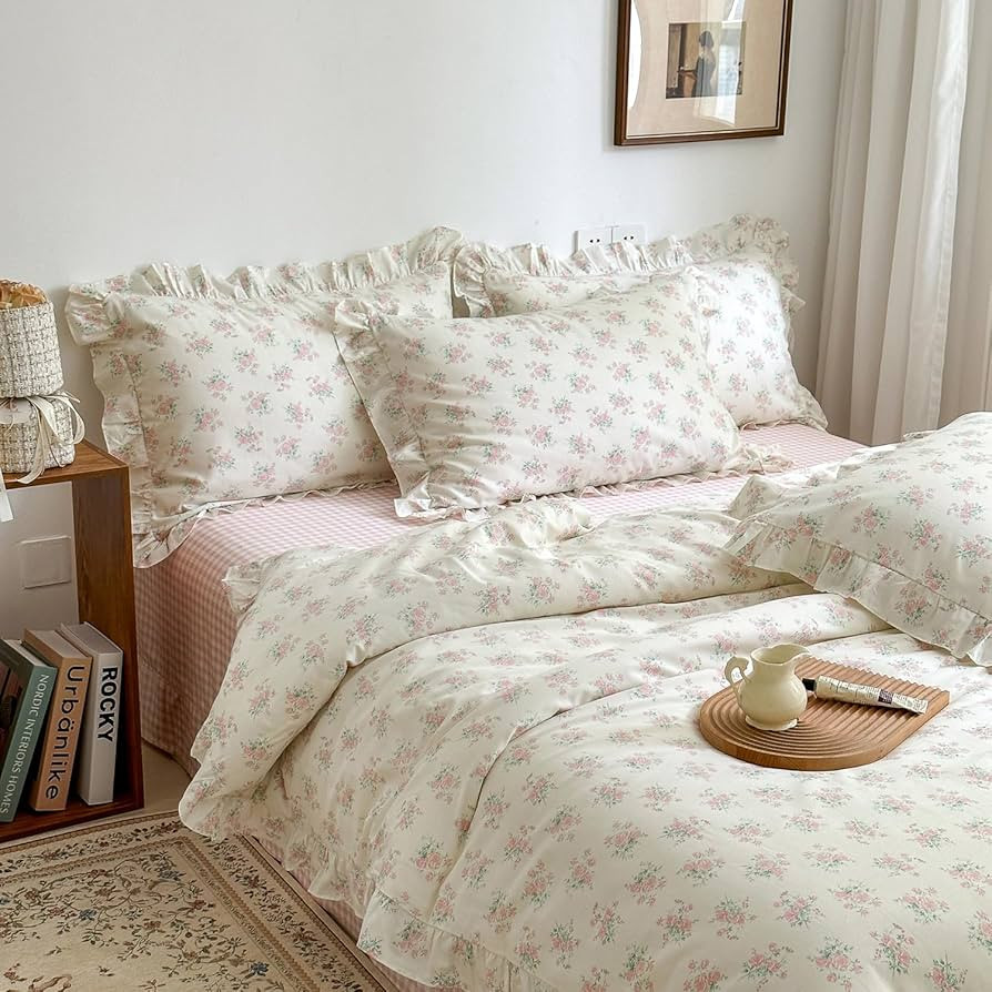 mixinni Pink Floral Duvet Cover Set Queen Size - 100% Cotton Ruffle Lace Bedding Set for Girls, R... | Amazon (US)