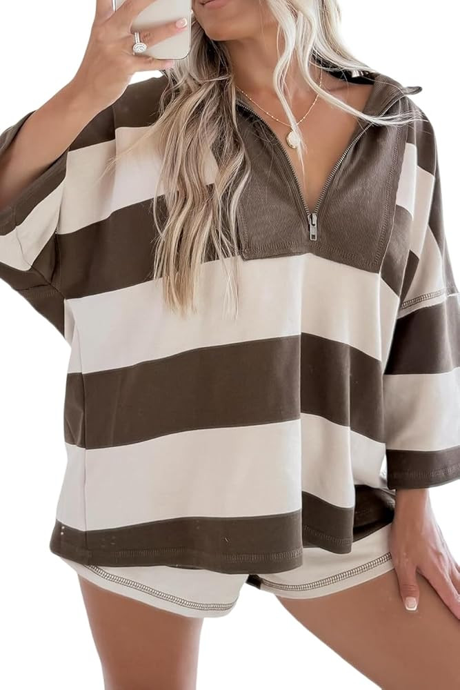 Womens 3/4 Sleeve Oversize Brown Striped Sweatshirt Color Block Zip Collar Patchwork Casual Fall ... | Amazon (US)