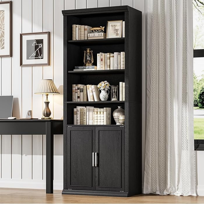 Rresyet 28" W Bookcase with Doors, Modern Tall Bookshelf 6-Tier Black Bookshelves with Storage Ca... | Amazon (US)