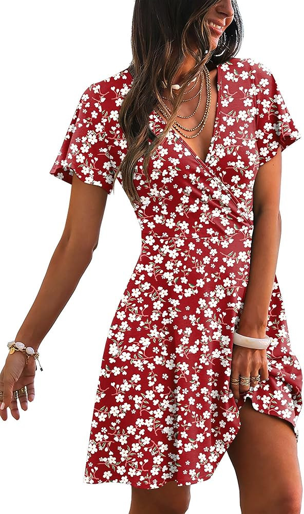 RUMIA Womens Casual Dresses Wrap V Neck Dress A-Line Ruffle Sleeve Summer Sundress Fashion 2026 | Amazon (US)