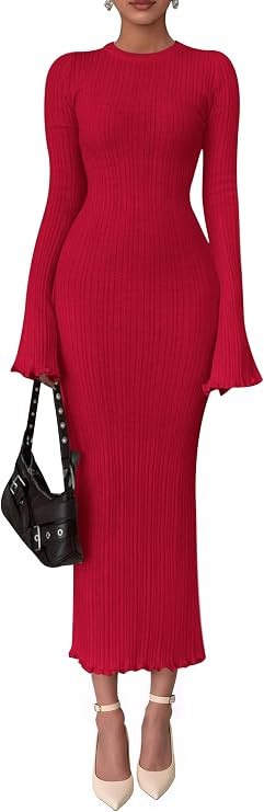 PRETTYGARDEN Sweater Dresses for Women 2025 Fall Bell Long Sleeve Crew Neck Bodycon Maxi Dress Wi... | Amazon (US)