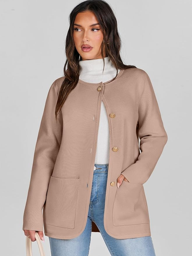 ANRABESS Womens Long Sleeve Button Down Knit Cardigan Sweater Blazer with Pockets | Amazon (US)
