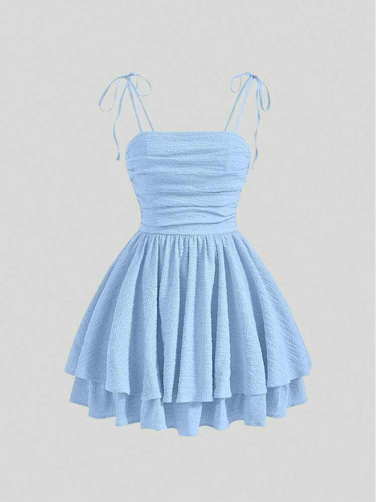 SHEIN MOD Solid Ruched Bust Tie Shoulder Ruffle Hem Blue Butterfly Cami Dress,Pastel Dresses For ... | SHEIN