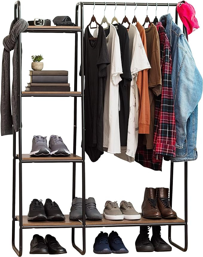 IRIS Metal Garment Rack with Wood Shelves, Black and Dark Brown, PI-B3 | Amazon (US)