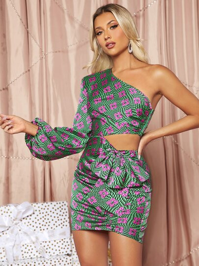 SHEIN BAE One Shoulder Cutout Detail Allover Print Dress SKU: sw2208158404344050(100+ Reviews)$16... | SHEIN
