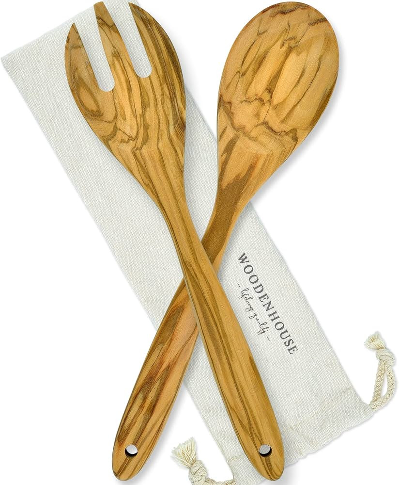 Salad Tongs for Serving, Spoon Salad Utensils Set from Olive Wood, 12 inches Wooden Fork and Spoo... | Amazon (US)