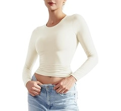 SUUKSESS Women Double Lined Fitted Basic T Shirts Crew Neck Long Sleeve Crop Top | Amazon (US)
