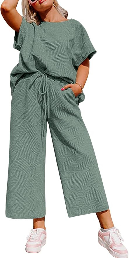 Eytino Womens Plus Size Sweatsuits Casual Short Sleeve Tops High Waist Wide Leg Pants 2 Piece Tra... | Amazon (US)