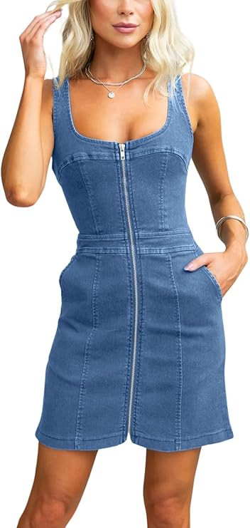 Womens Summer Casual Tank Denim Dress Sleeveless Zipper Front Mini Sexy Jean Dresses with Pockets | Amazon (US)