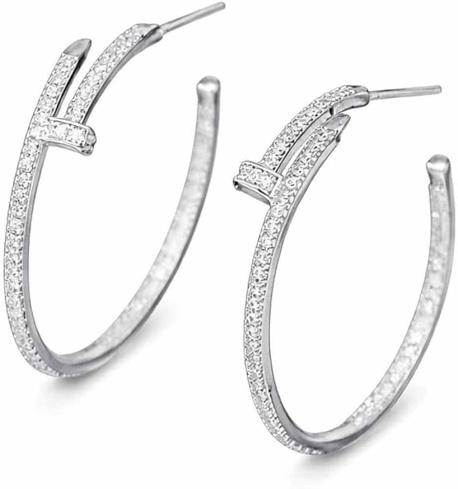 Silver Plated Pav\u00e9 CZ Nail Hoop Earrings for Women \u2013 Sparkling Crystal Open Hoop Statem... | Amazon (US)