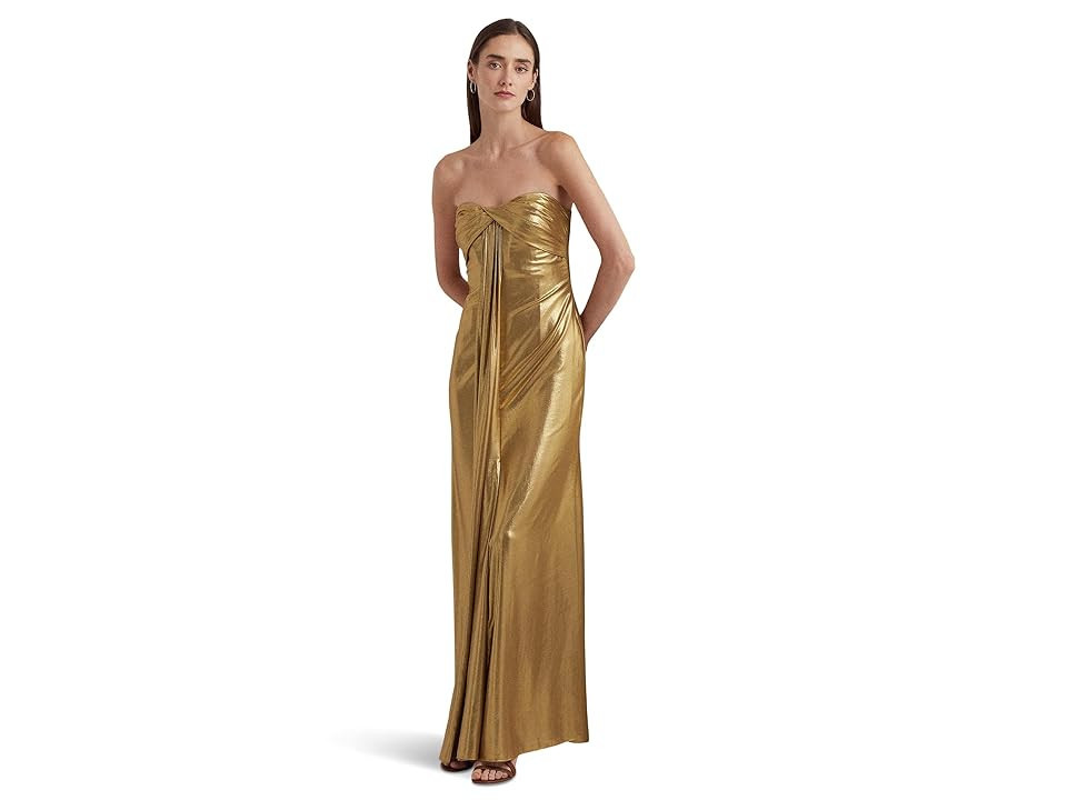 LAUREN Ralph Lauren Metallic Chiffon Strapless Gown (New Bronze/Bronze Foil) Women's Dress | Zappos