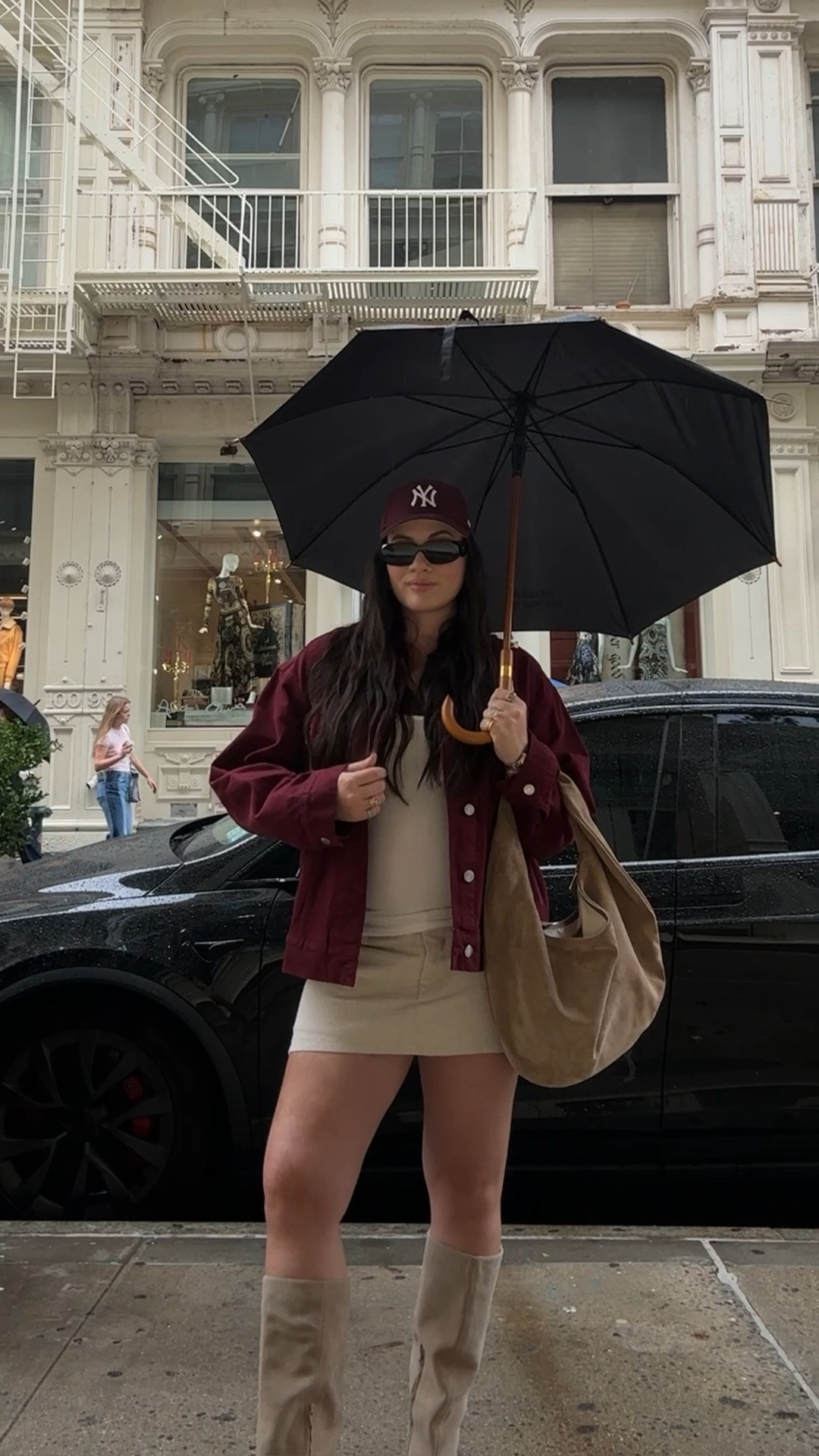 Loving anything burgundy for fall - wearing the cutest denim jacket styled with a mini skirt, suede boots, and a matching suede bag

#LTKootd #LTKSeasonal