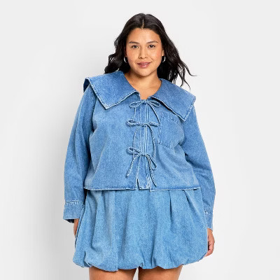 Women's Relaxed Flat Collar Long Sleeve Tie-Front Blouse - Future Collective Blue Denim 1X | Target