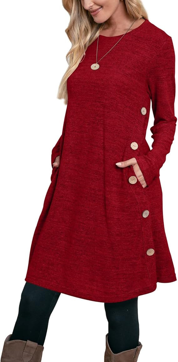 OFEEFAN Womens Long Sleeve Tunic Dres Fall Outfits with Pockets Buttons | Amazon (US)