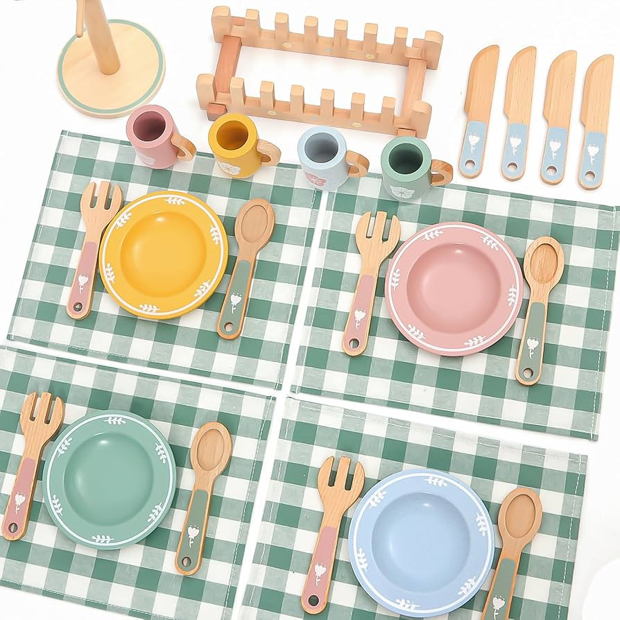 Wooden Play Kitchen Accessories Set with Detachable Dish Rack and Utensil Holder - Complete Set f... | Amazon (US)