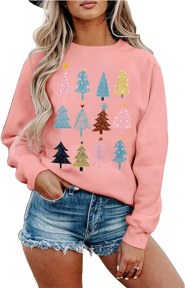 BOUTIKOME Christmas Tree Sweatshirt for Women Funny Xmas Tree Graphic Long Sleeve Crewneck Pullov... | Amazon (US)